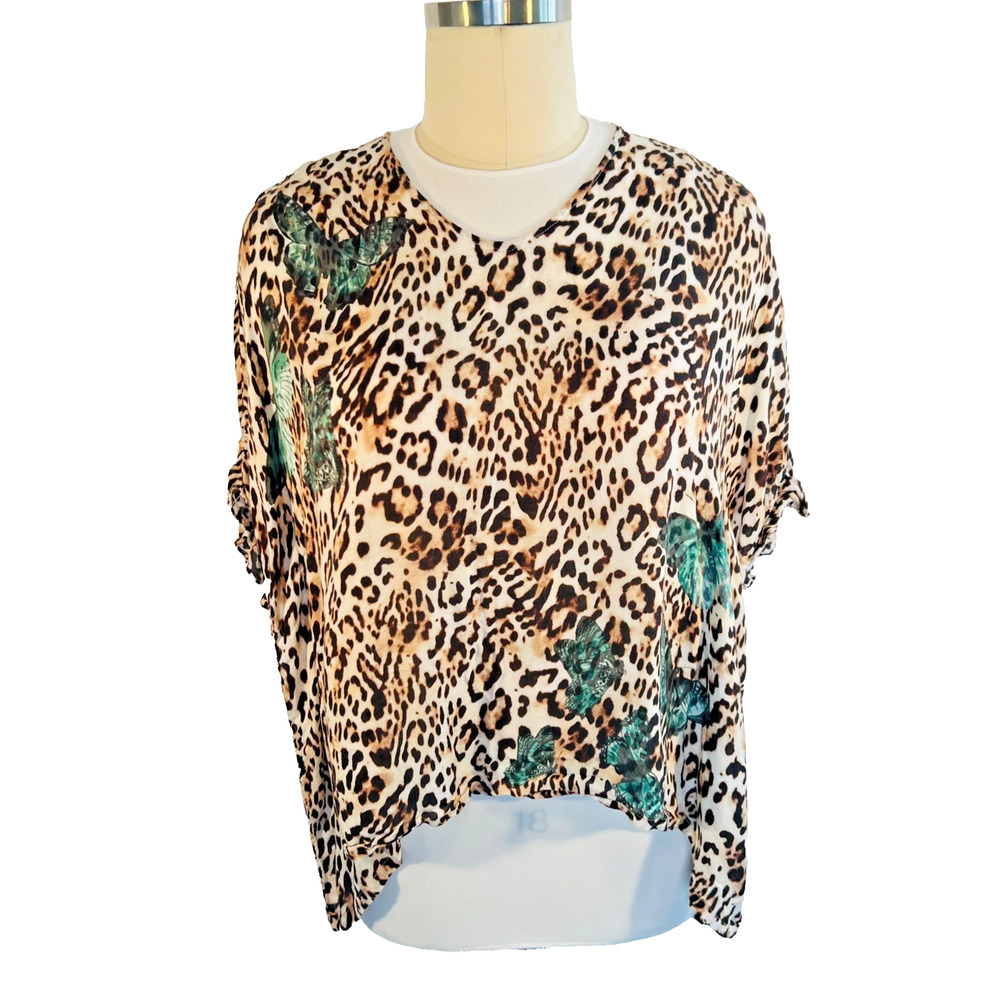 Chico's - Women's L/XL Blouse Poncho Style Short Sleeve Cheetah Butterfly Print